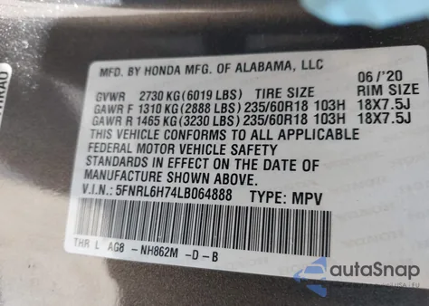 2020 Honda Odyssey Ex-L/Ex-L W/Navi Res из США, поврежденный, VIN 5FNRL6H74LB064888